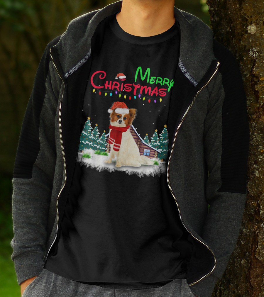 Papillon Dog With Santa Hat And Christmas Lights In Snowy Holiday Scene T-Shirt
