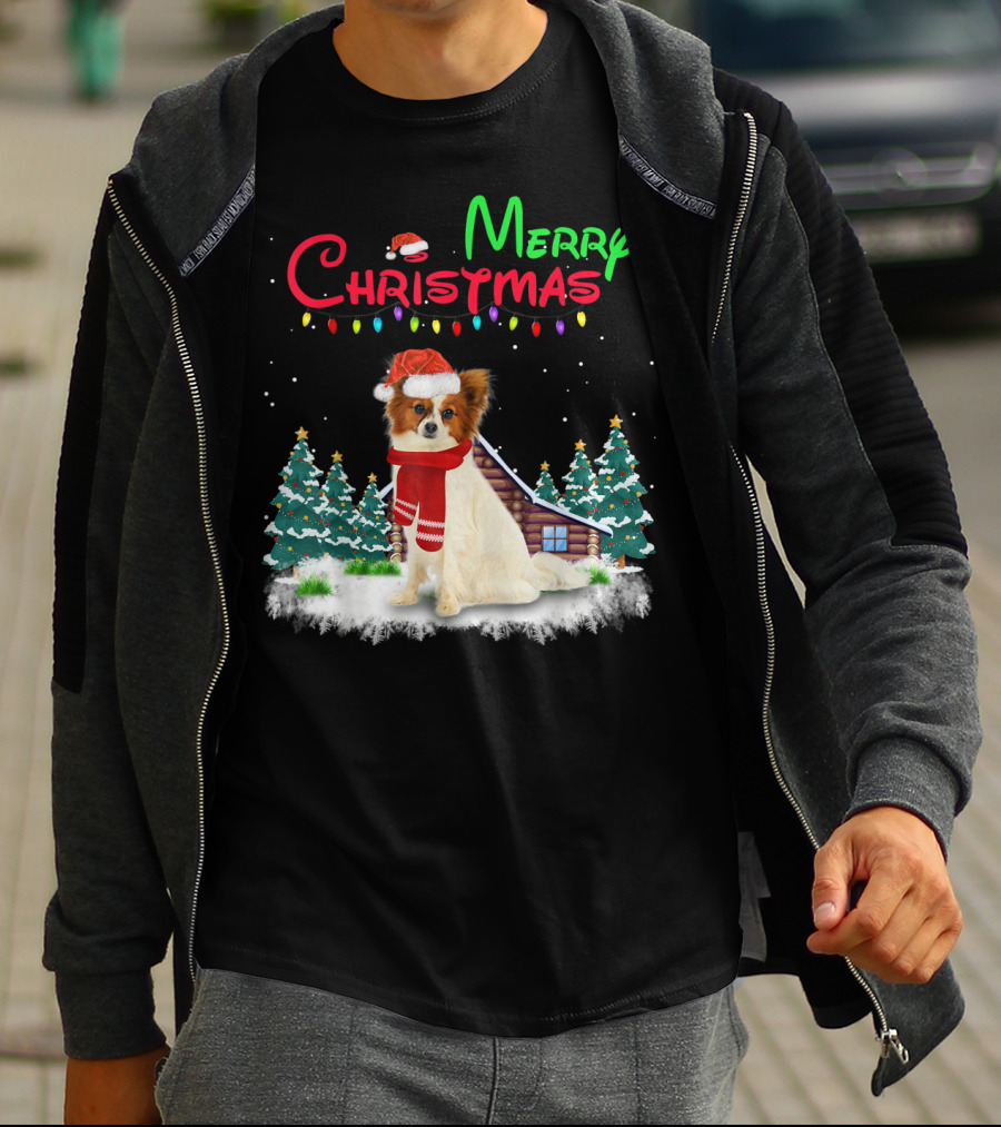 Papillon Dog With Santa Hat And Christmas Lights In Snowy Holiday Scene T-Shirt