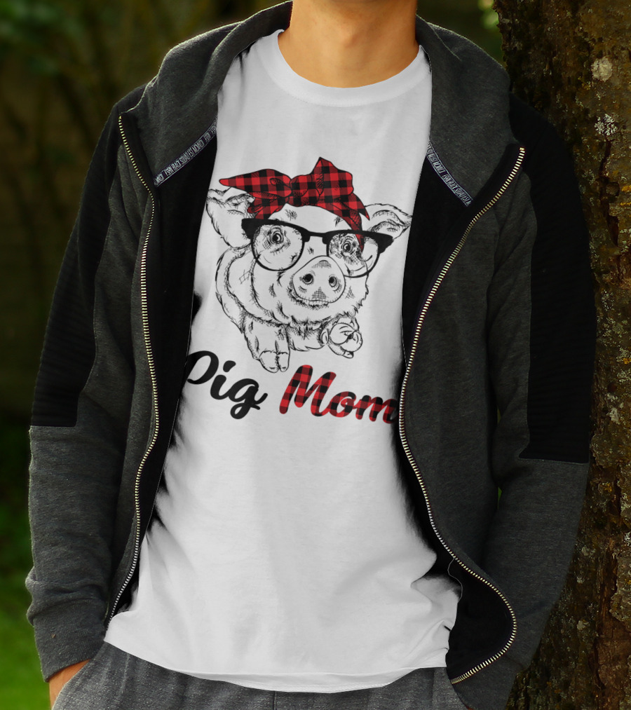 Pig Mom Piggy Outfit Mother Plaid Bow Glasses T-Shirt