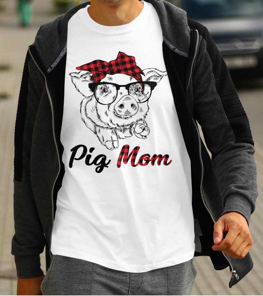 Pig Mom Piggy Outfit Mother Plaid Bow Glasses T-Shirt