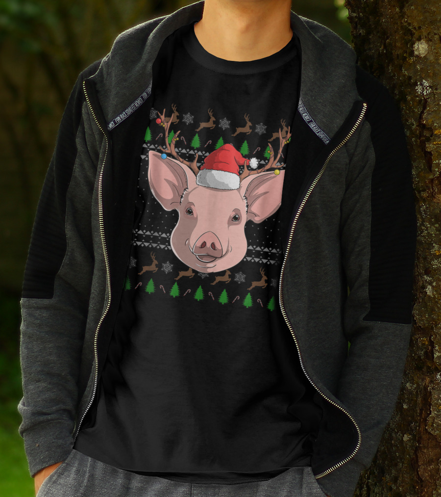 Pig Santa Claus Hat Reindeer Antlers Christmas Ornaments T-Shirt