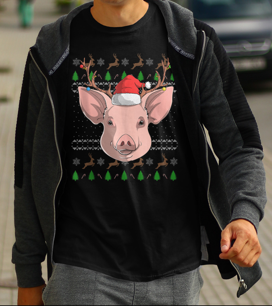 Pig Santa Claus Hat Reindeer Antlers Christmas Ornaments T-Shirt