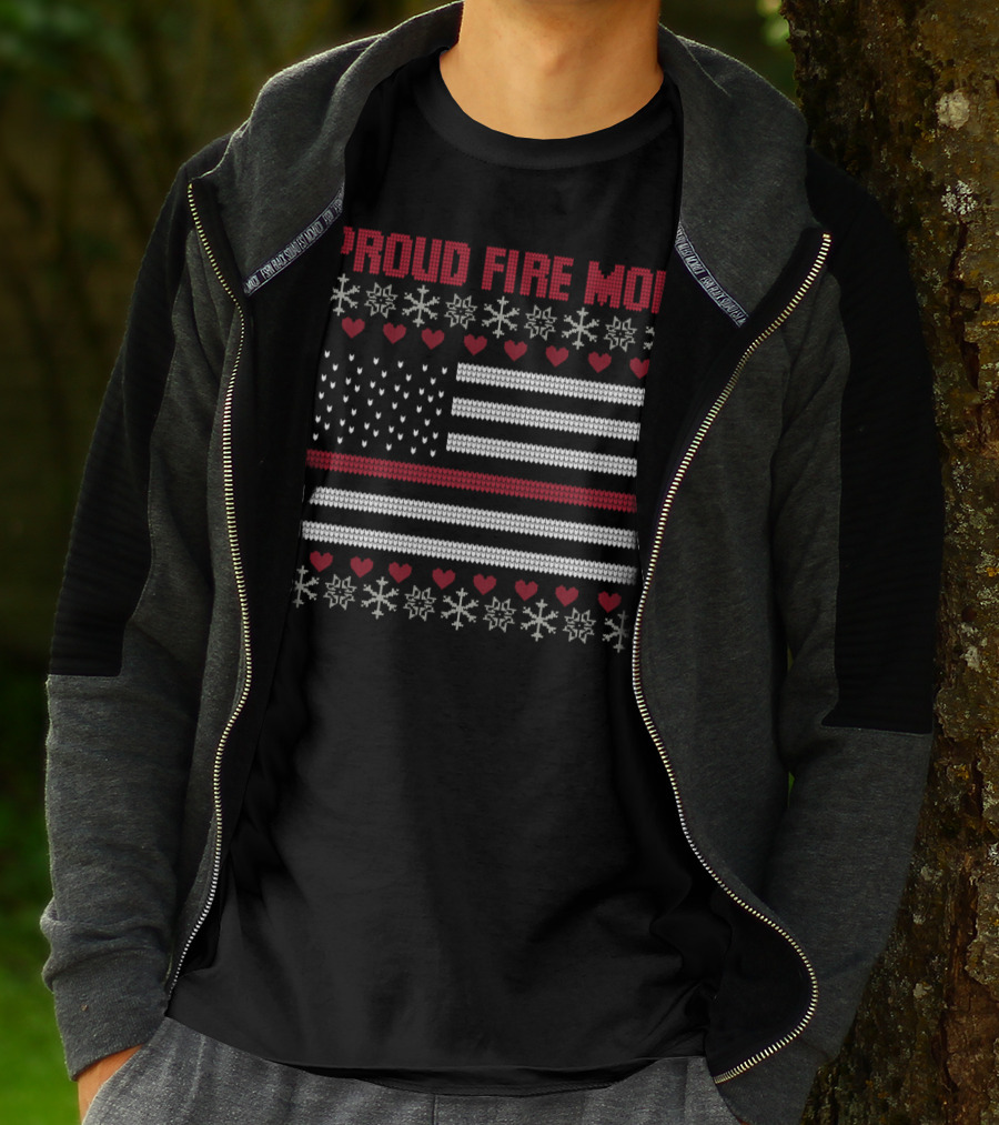 Proud Fire Mom Thin Red Line American Flag Snowflakes Hearts T-Shirt
