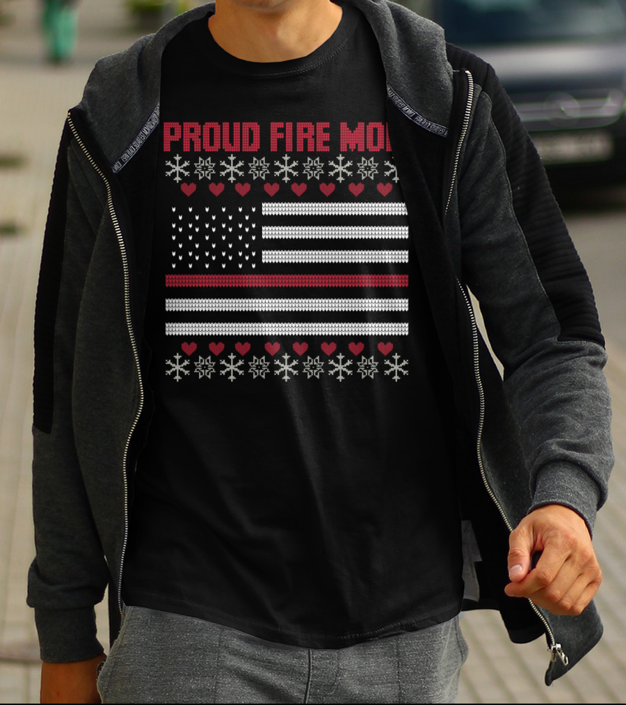 Proud Fire Mom Thin Red Line American Flag Snowflakes Hearts T-Shirt