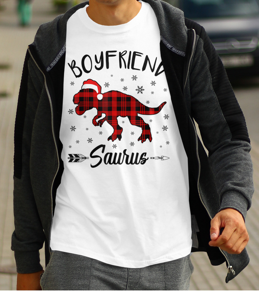 Boyfriend Saurus Red Plaid Dinosaur Christmas Hat T-Shirt