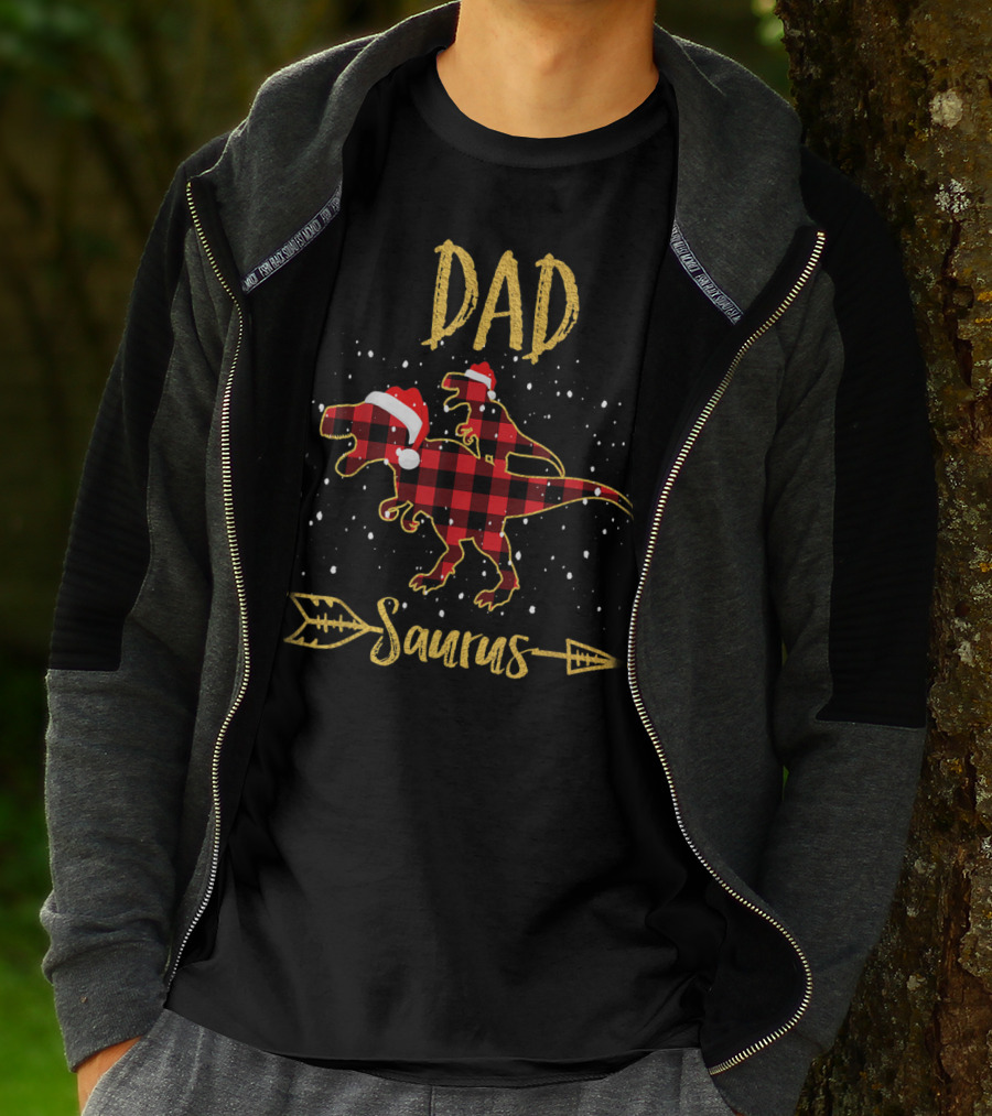 Dad Saurus Red Plaid Dinosaur With Santa Hat T-Shirt