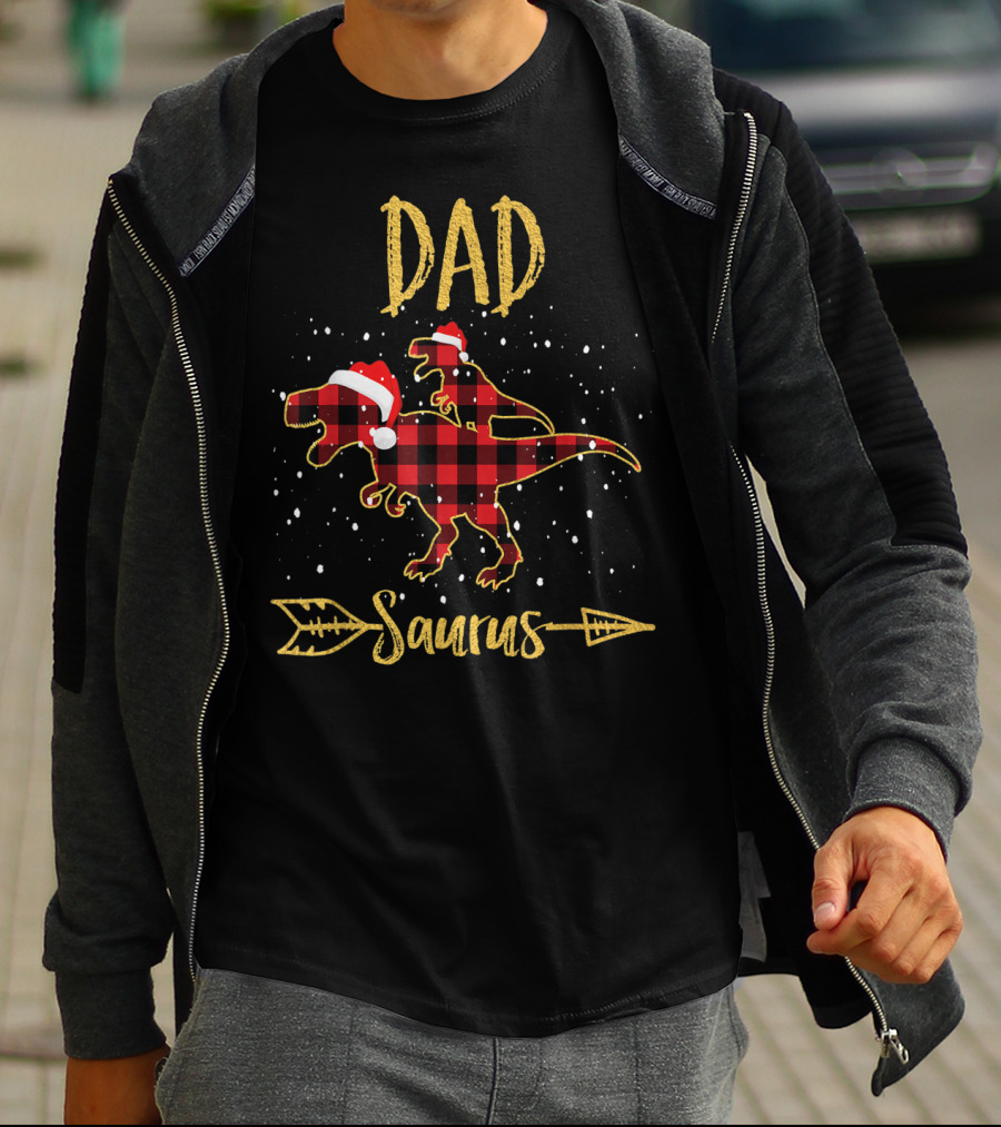 Dad Saurus Red Plaid Dinosaur With Santa Hat T-Shirt