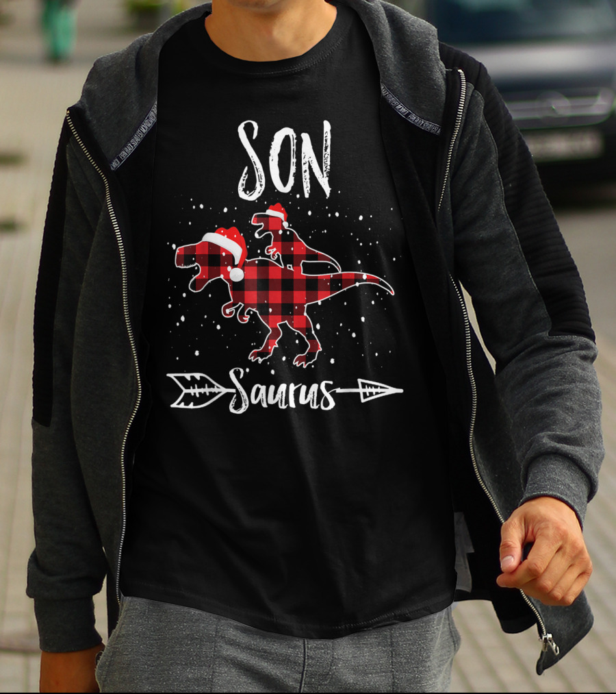 Son Saurus Red Plaid Santa Dinosaur T-Shirt
