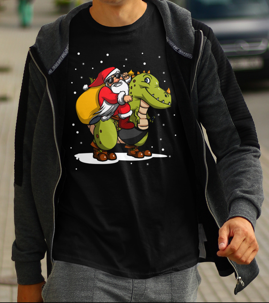 Santa Riding Dinosaur Christmas Trex Snowy Night Scene T-Shirt