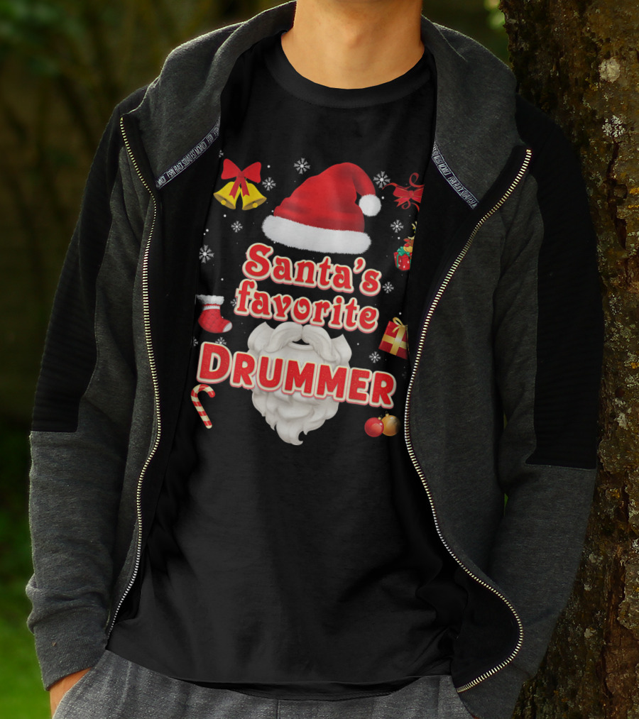 Santa's Favorite Drummer Christmas Santa Hat Reindeer Gift Bells Snowflakes Candy Cane Ornaments T-Shirt
