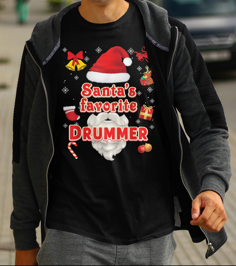Santa's Favorite Drummer Christmas Santa Hat Reindeer Gift Bells Snowflakes Candy Cane Ornaments T-Shirt
