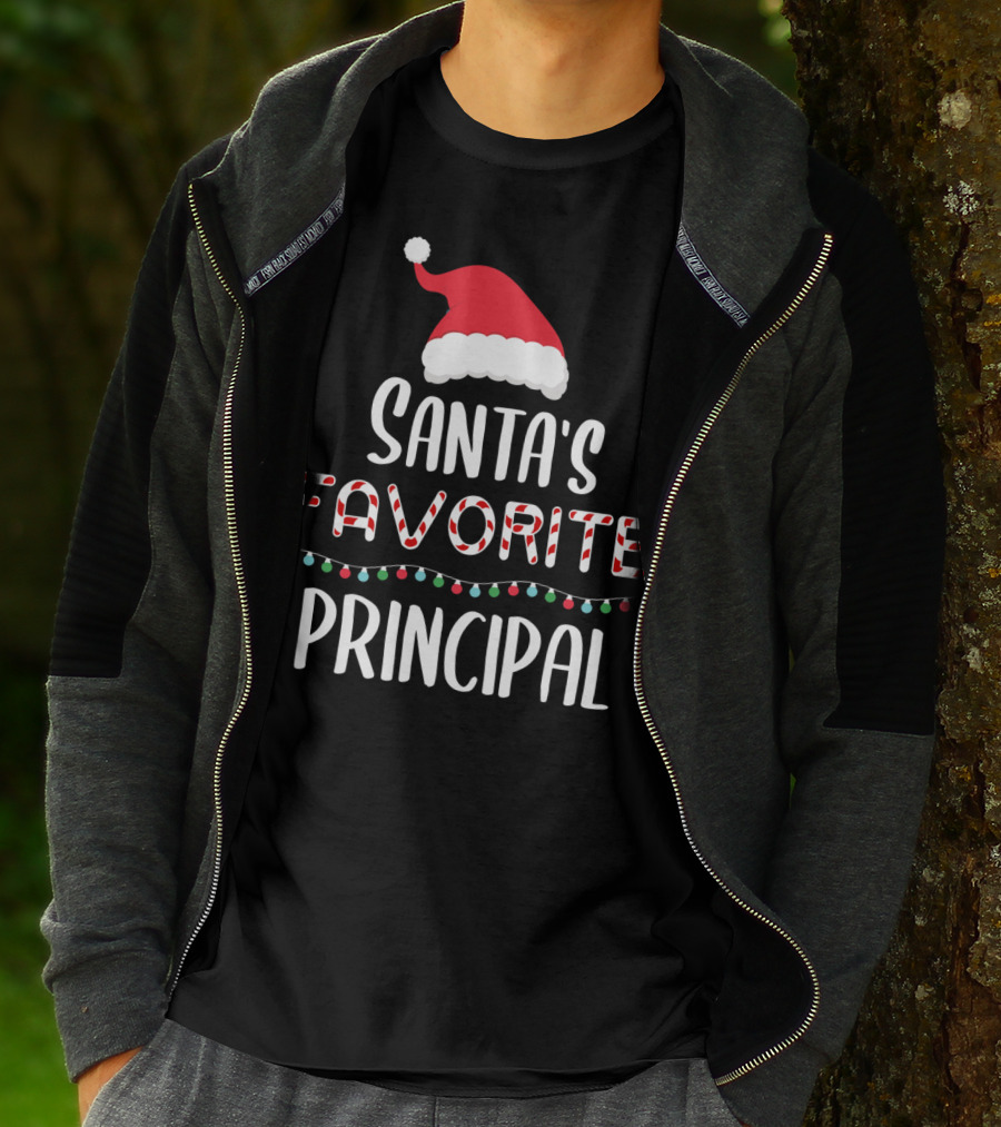 Santa's Favorite Principal Christmas Hat And Lights T-Shirt