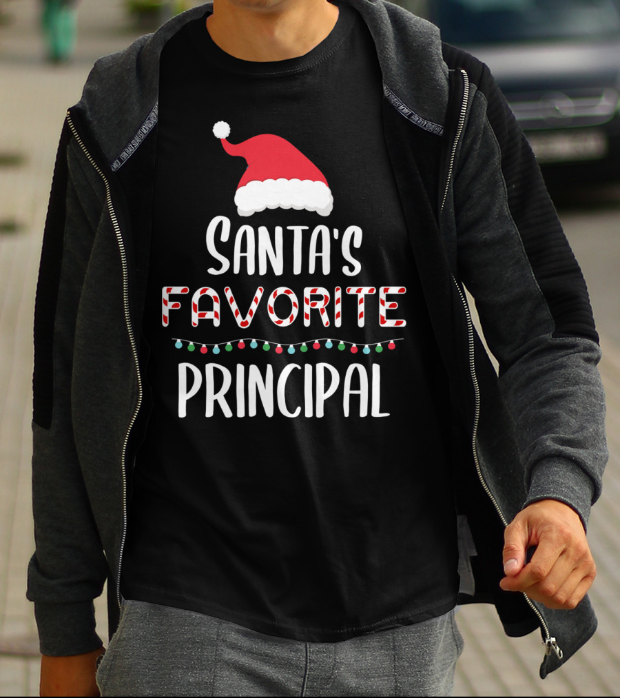 Santa's Favorite Principal Christmas Hat And Lights T-Shirt