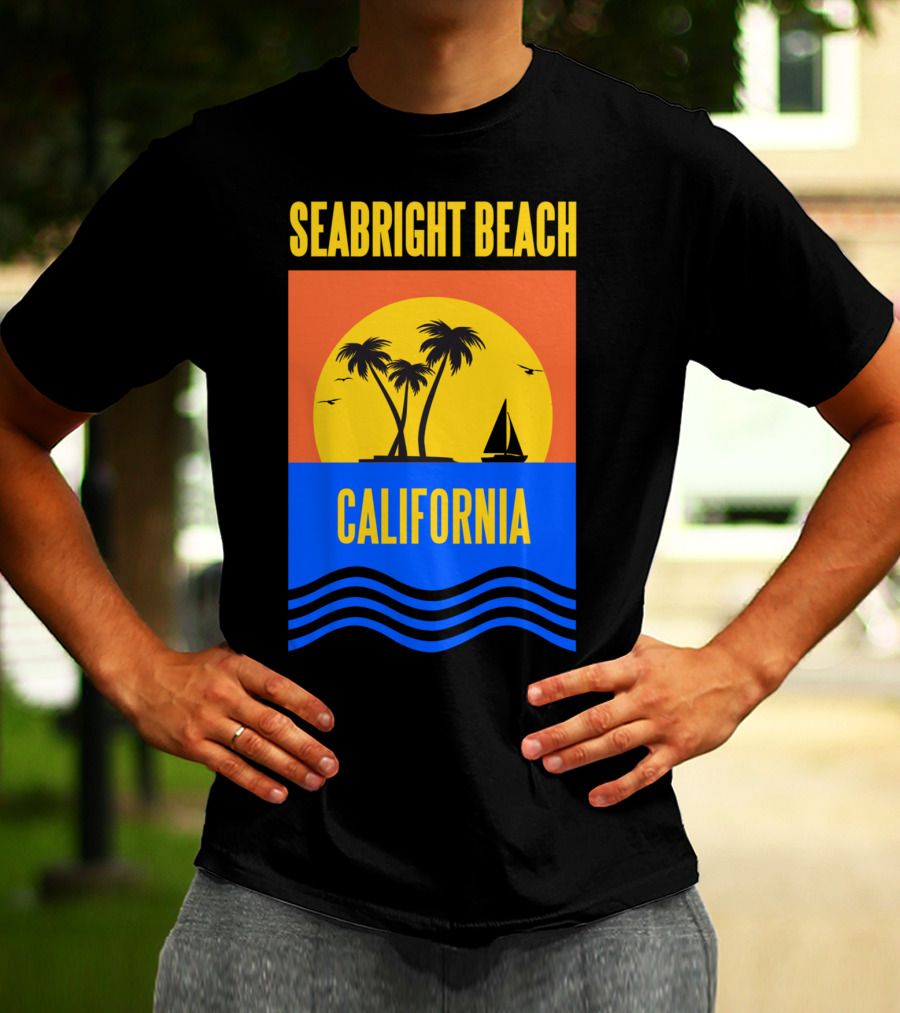 Seabright Beach California Sunset Palm Trees Sailboat Vacation T-Shirt