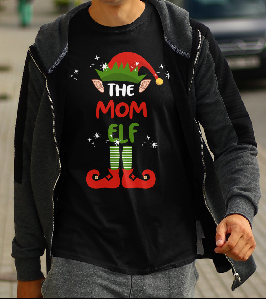 The Mom Elf Funny Christmas Elf Hat Ears Striped Socks Red Shoes T-Shirt