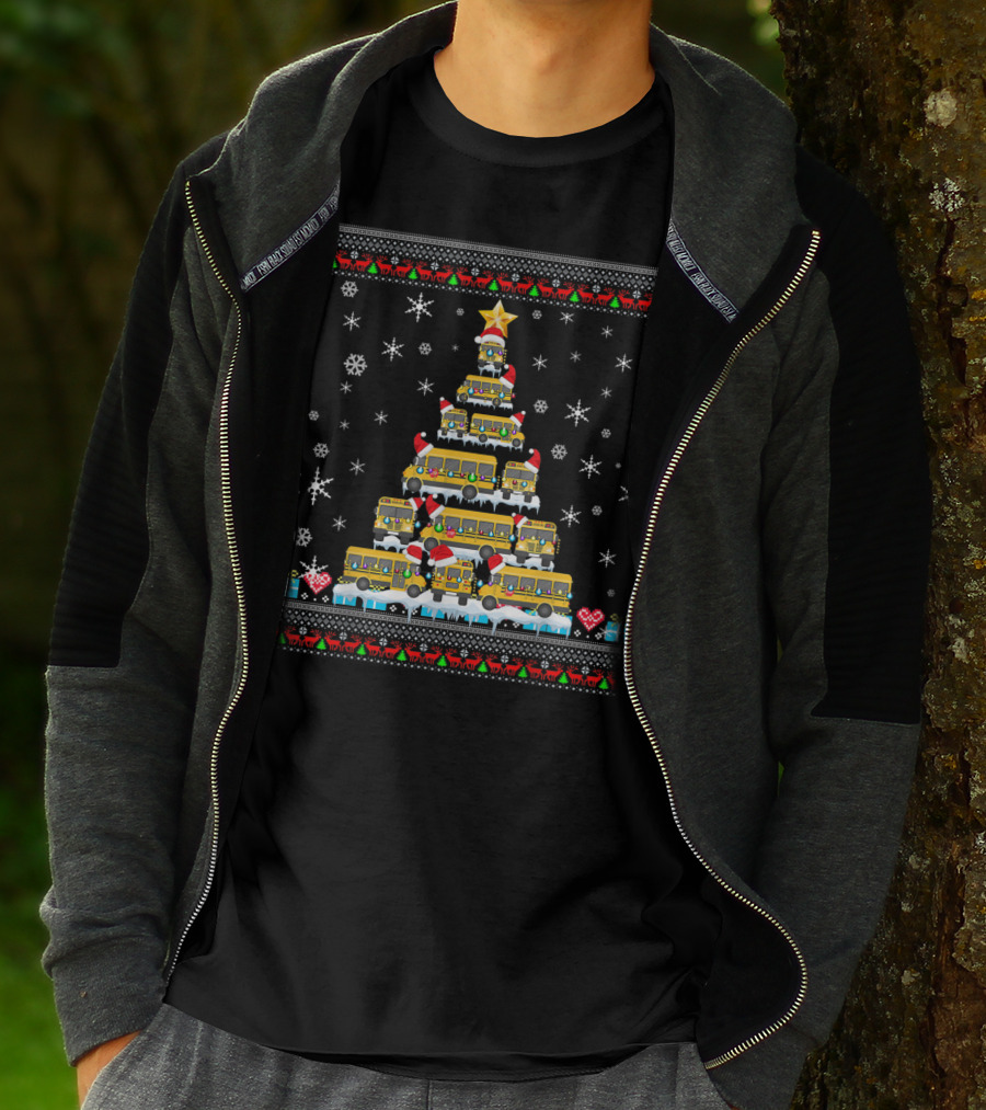 Ugly Christmas Tree Built From School Buses With Snowflakes And Holiday Decorations For Bus Driver Lovers T-Shirt