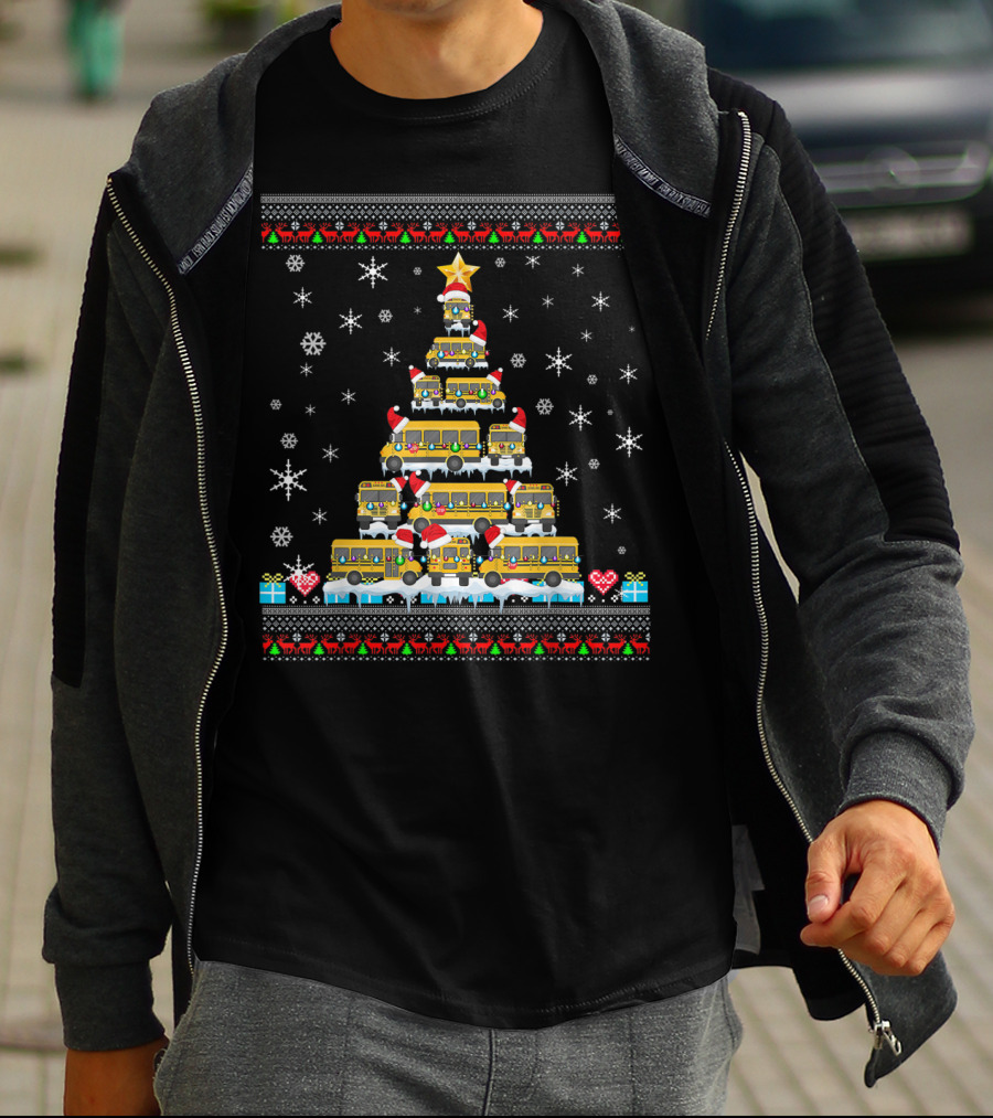 Ugly Christmas Tree Built From School Buses With Snowflakes And Holiday Decorations For Bus Driver Lovers T-Shirt
