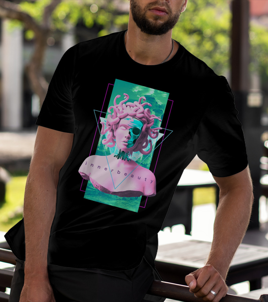 Vaporwave Inner Beauty Medusa Statue With Skull Aesthetic T-Shirt