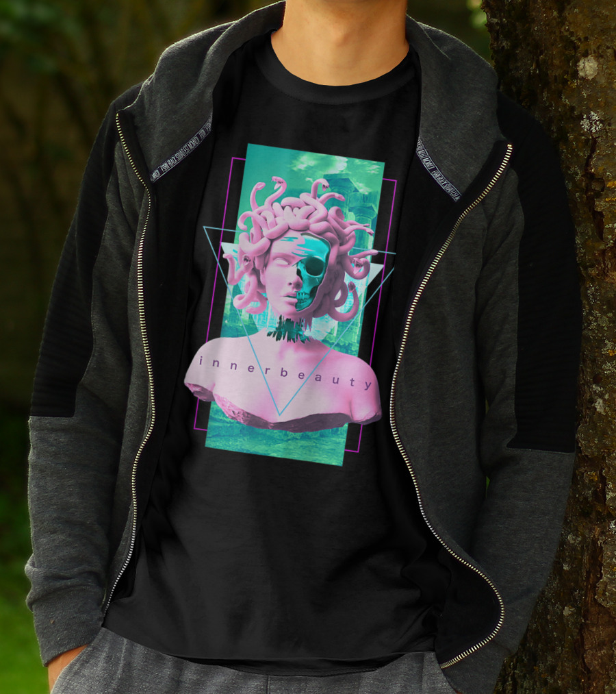Vaporwave Inner Beauty Medusa Statue With Skull Aesthetic T-Shirt