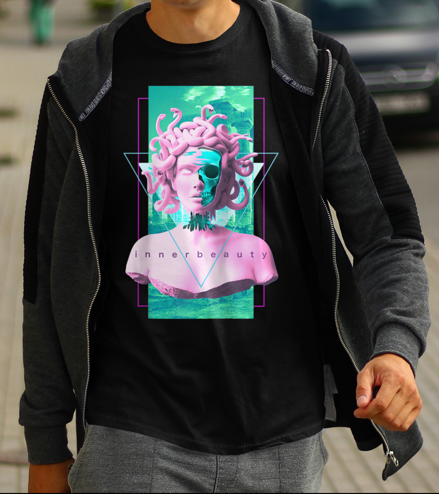 Vaporwave Inner Beauty Medusa Statue With Skull Aesthetic T-Shirt