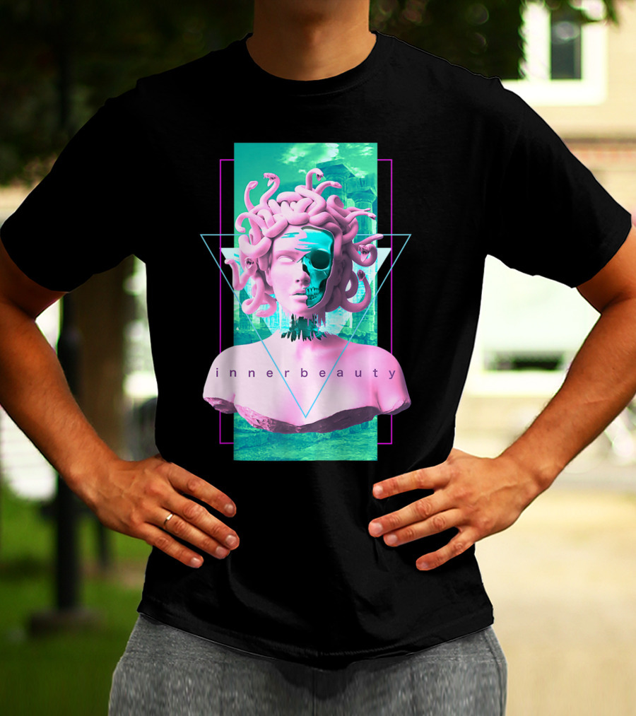 Vaporwave Inner Beauty Medusa Statue With Skull Aesthetic T-Shirt