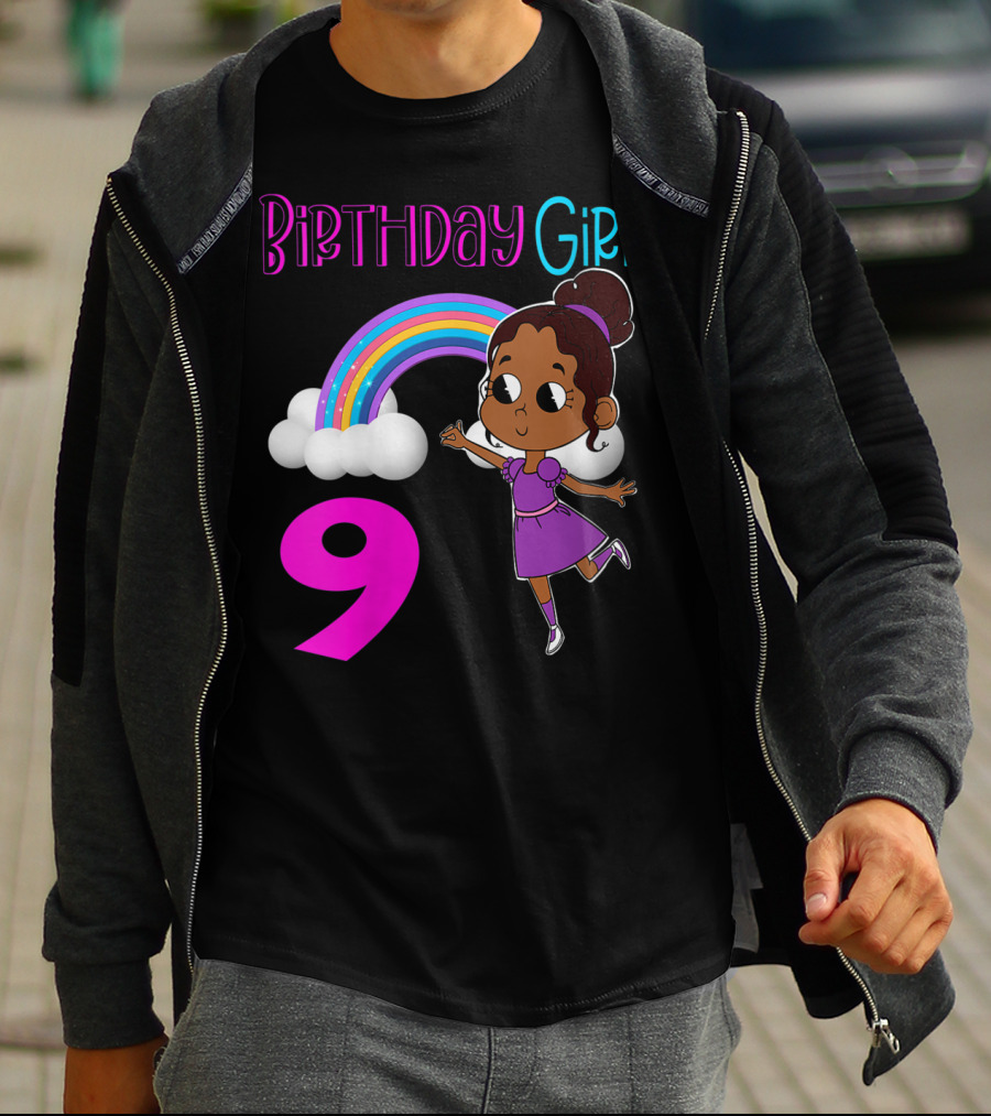 Birthday Girl 9 African American Rainbow Purple Dress T-Shirt