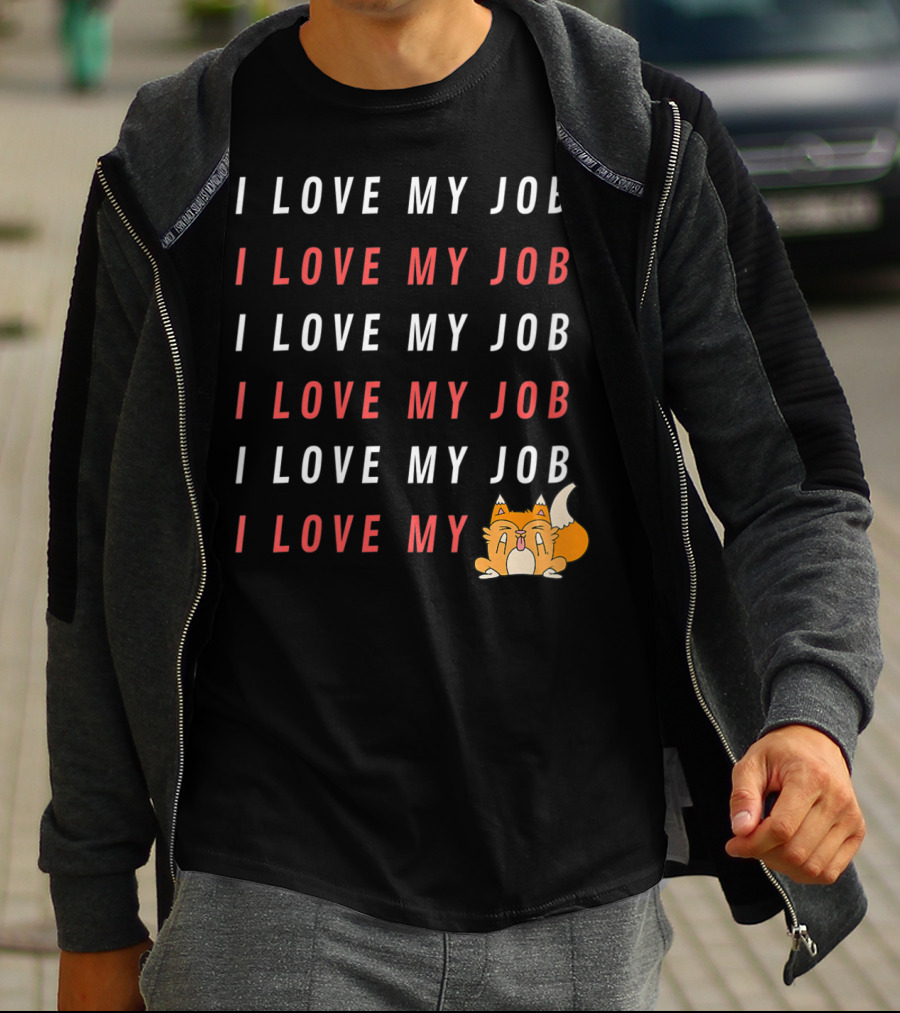 I Love My Job Cat Showing Middle Finger Repeated Text T-Shirt