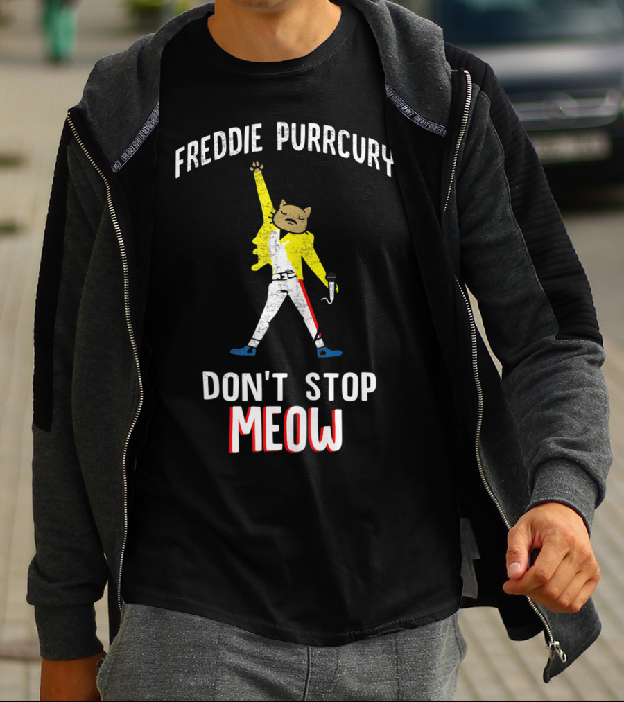 FREDDIE PURRCURY DON'T STOP MEOW CUTE CAT MUSIC BAND T-Shirt