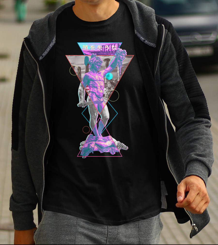 Perseus And Medusa Vaporwave Aesthetic With Japanese Text And Geometric Shapes T-Shirt