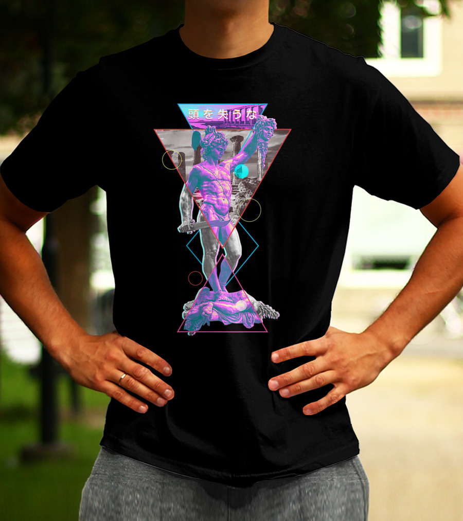 Perseus And Medusa Vaporwave Aesthetic With Japanese Text And Geometric Shapes T-Shirt