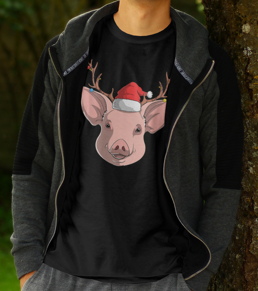 Pig With Santa Hat And Reindeer Antlers T-Shirt