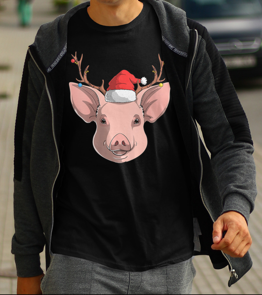 Pig With Santa Hat And Reindeer Antlers T-Shirt