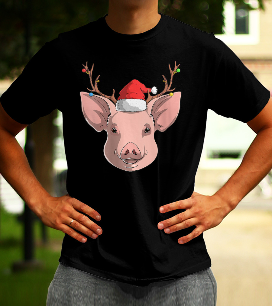Pig With Santa Hat And Reindeer Antlers T-Shirt