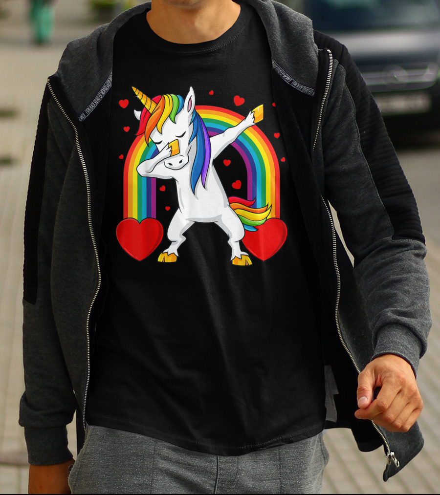 Dabbing Unicorn With Rainbow And Hearts T-Shirt