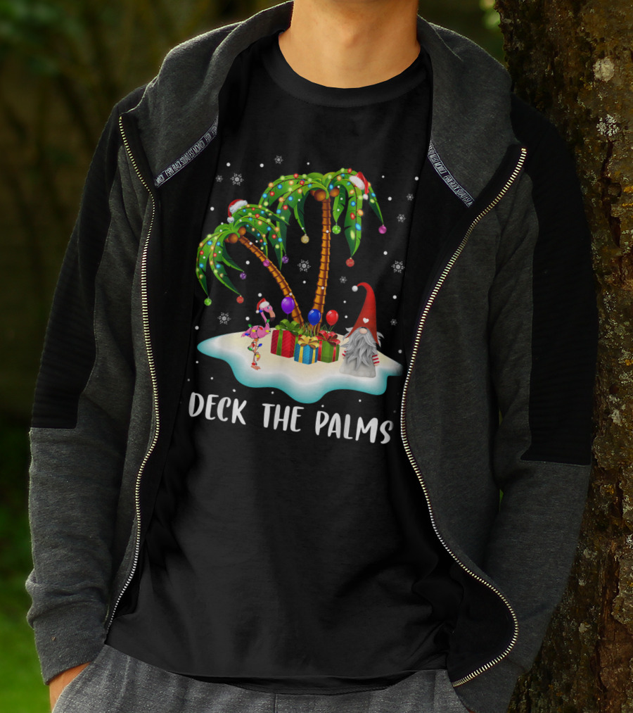 Deck The Palms Tropical Christmas Palm Tree With Santa Hat Flamingo And Gnome On Snowy Island T-Shirt