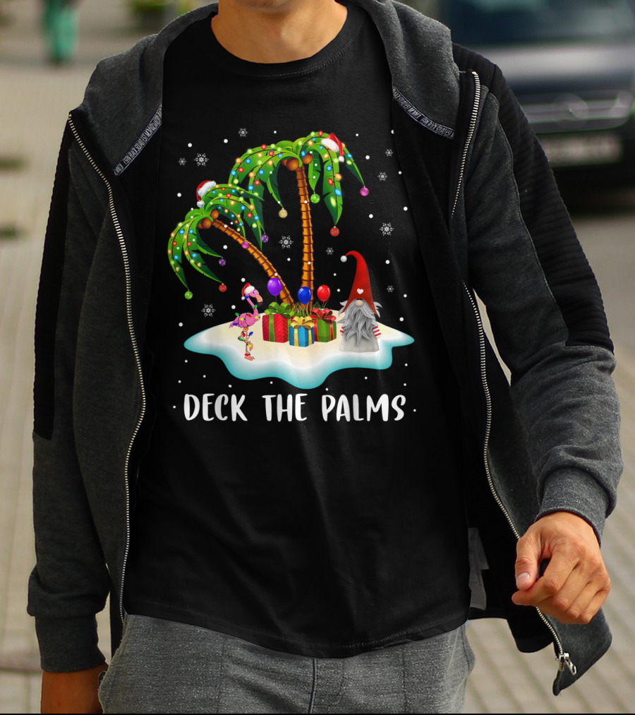 Deck The Palms Tropical Christmas Palm Tree With Santa Hat Flamingo And Gnome On Snowy Island T-Shirt