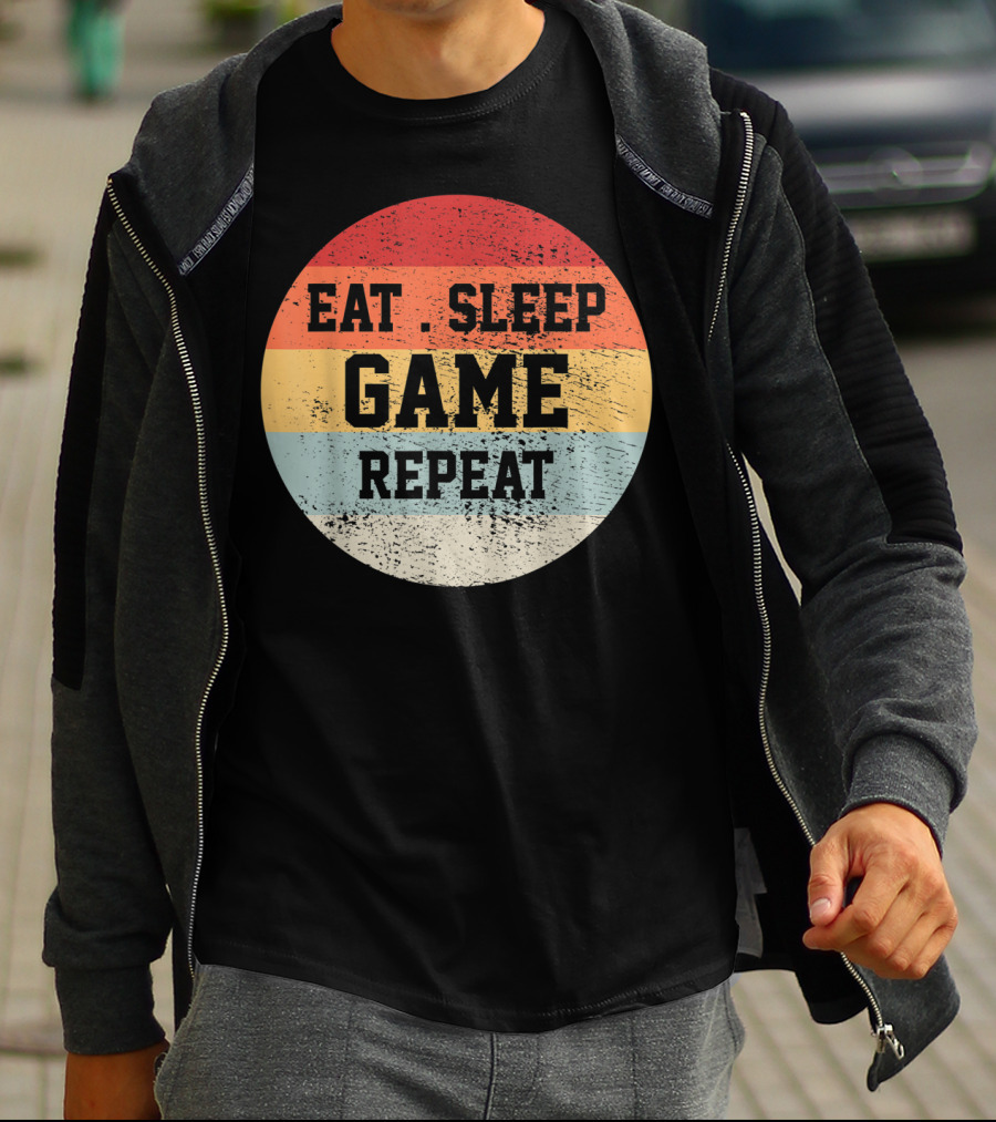 Eat Sleep Game Repeat Vintage Retro Stripes T-Shirt