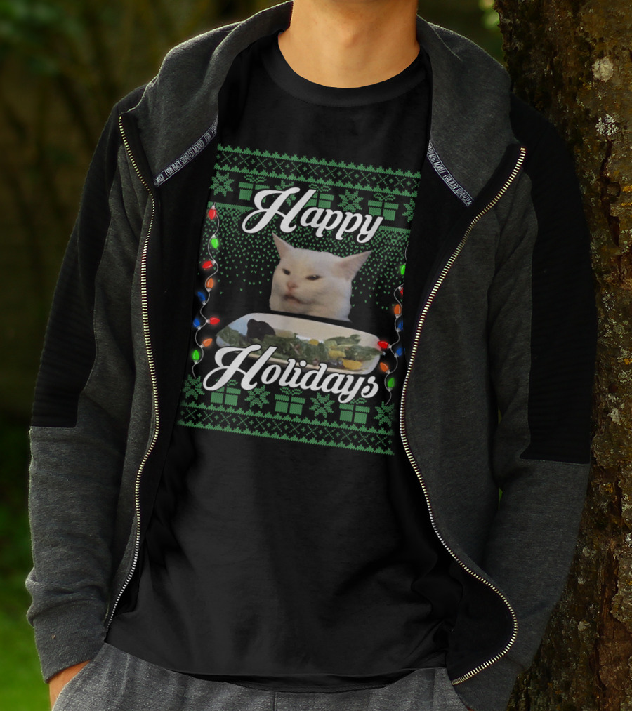 Happy Holidays Cat Meme With Festive Lights And Green Gift T-Shirt