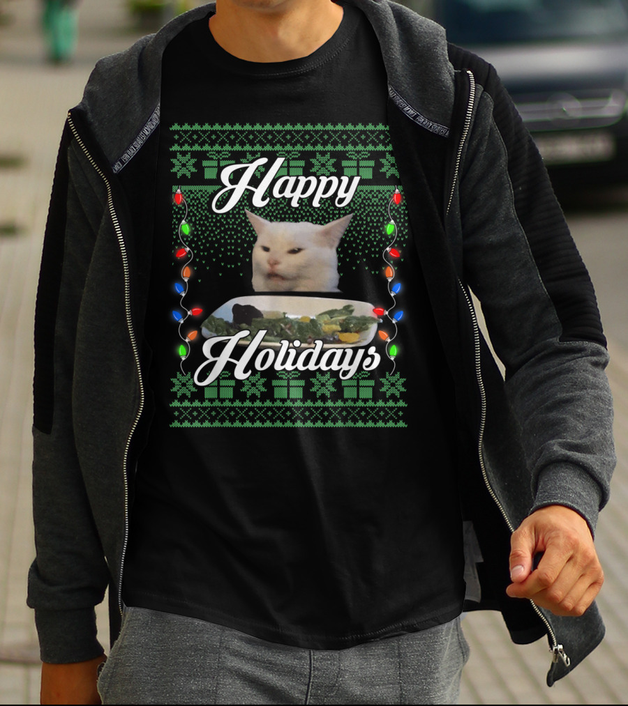 Happy Holidays Cat Meme With Festive Lights And Green Gift T-Shirt