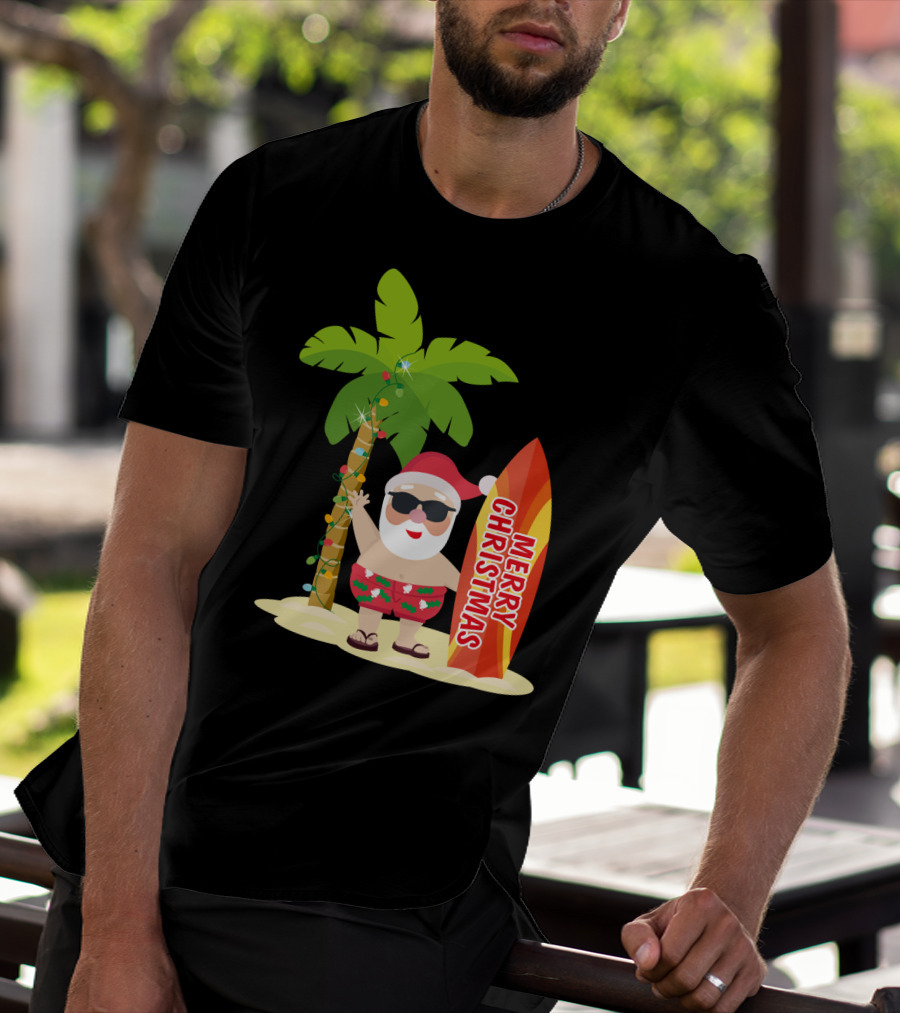 Merry Christmas Hawaiian Funny Ugly Cute Surfing Santa Holiday T-Shirt