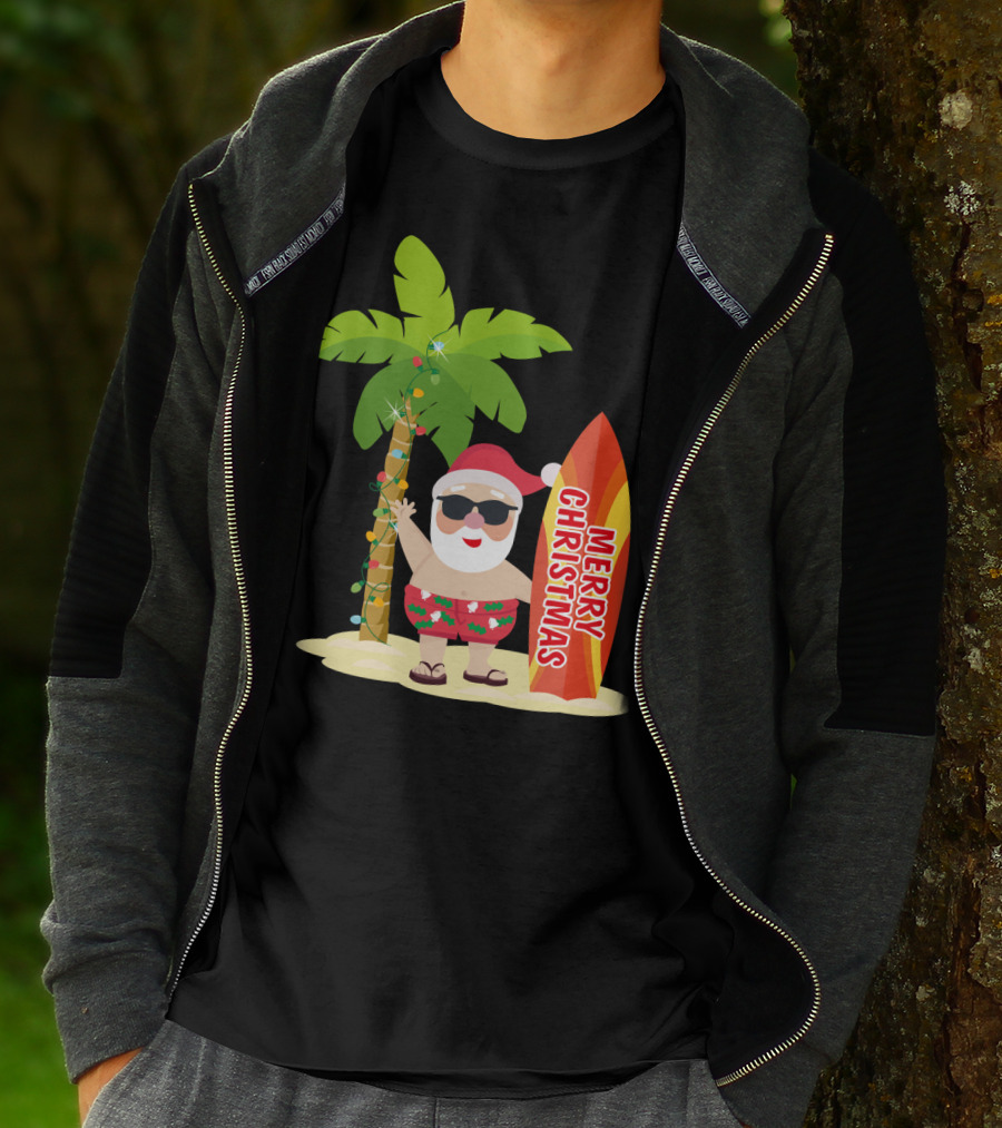 Merry Christmas Hawaiian Funny Ugly Cute Surfing Santa Holiday T-Shirt