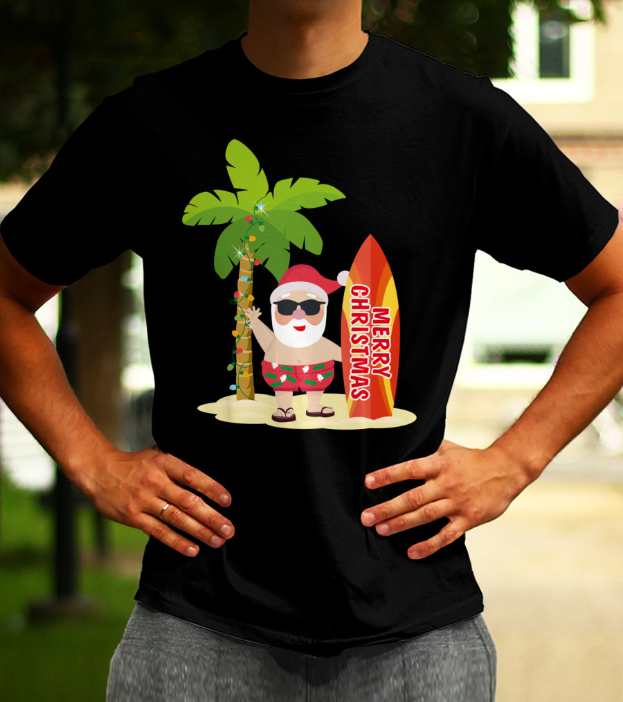 Merry Christmas Hawaiian Funny Ugly Cute Surfing Santa Holiday T-Shirt