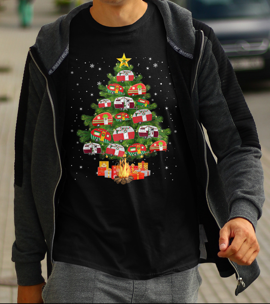 Camping Vehicle Christmas Tree Festive Campers With Star And Gifts T-Shirt
