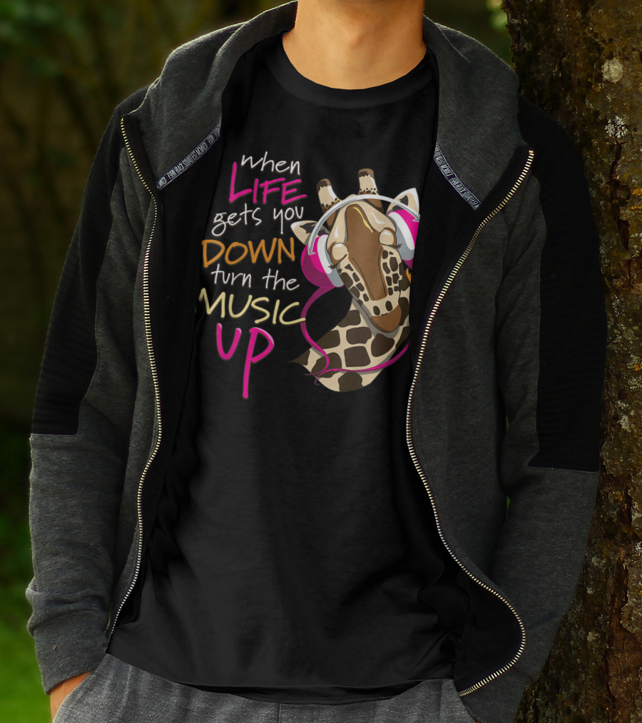 When Life Gets You Down Turn The Music Up Giraffe Headphones T-Shirt