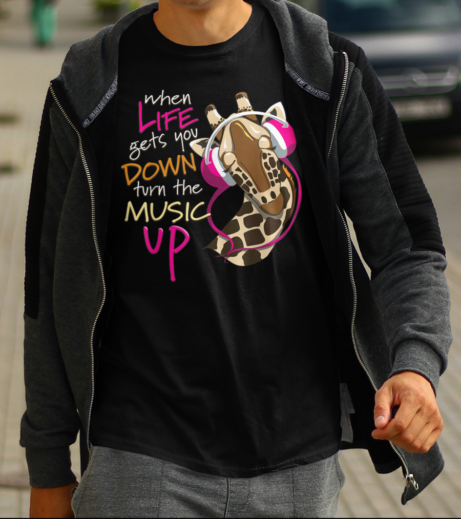 When Life Gets You Down Turn The Music Up Giraffe Headphones T-Shirt