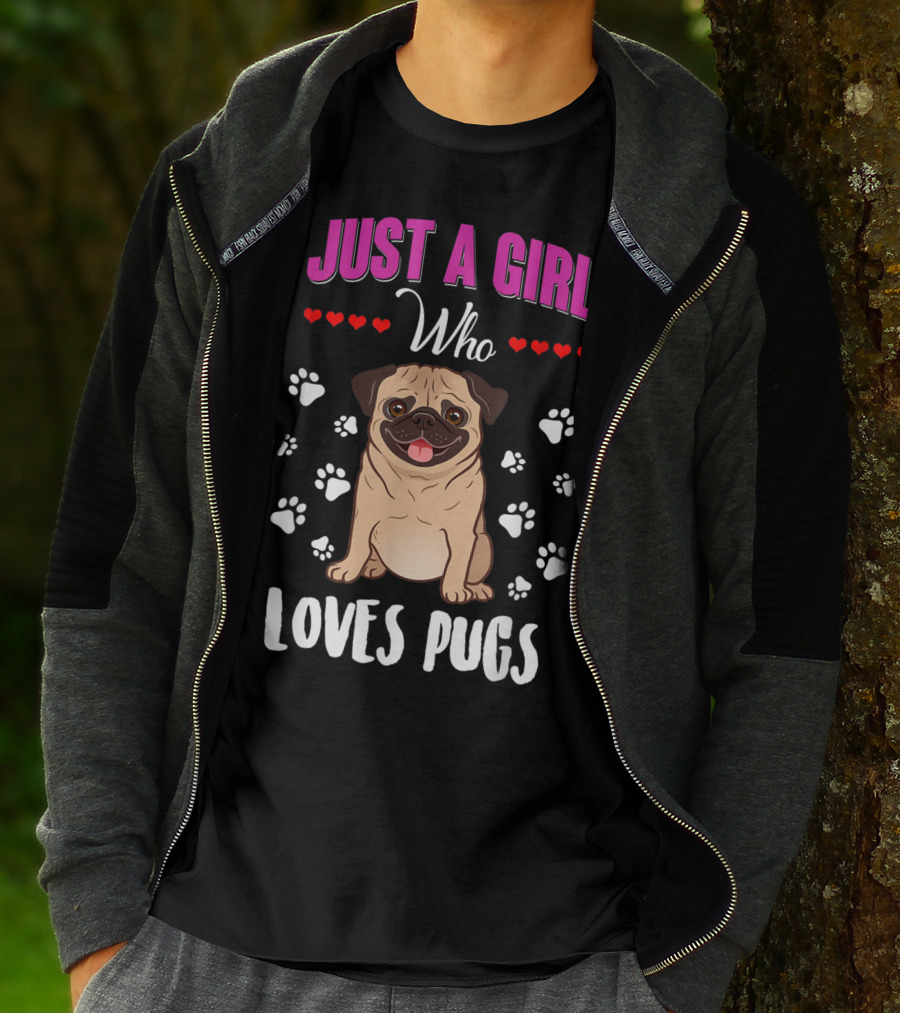 Just A Girl Who Loves Pugs With Paw Prints And Hearts T-Shirt