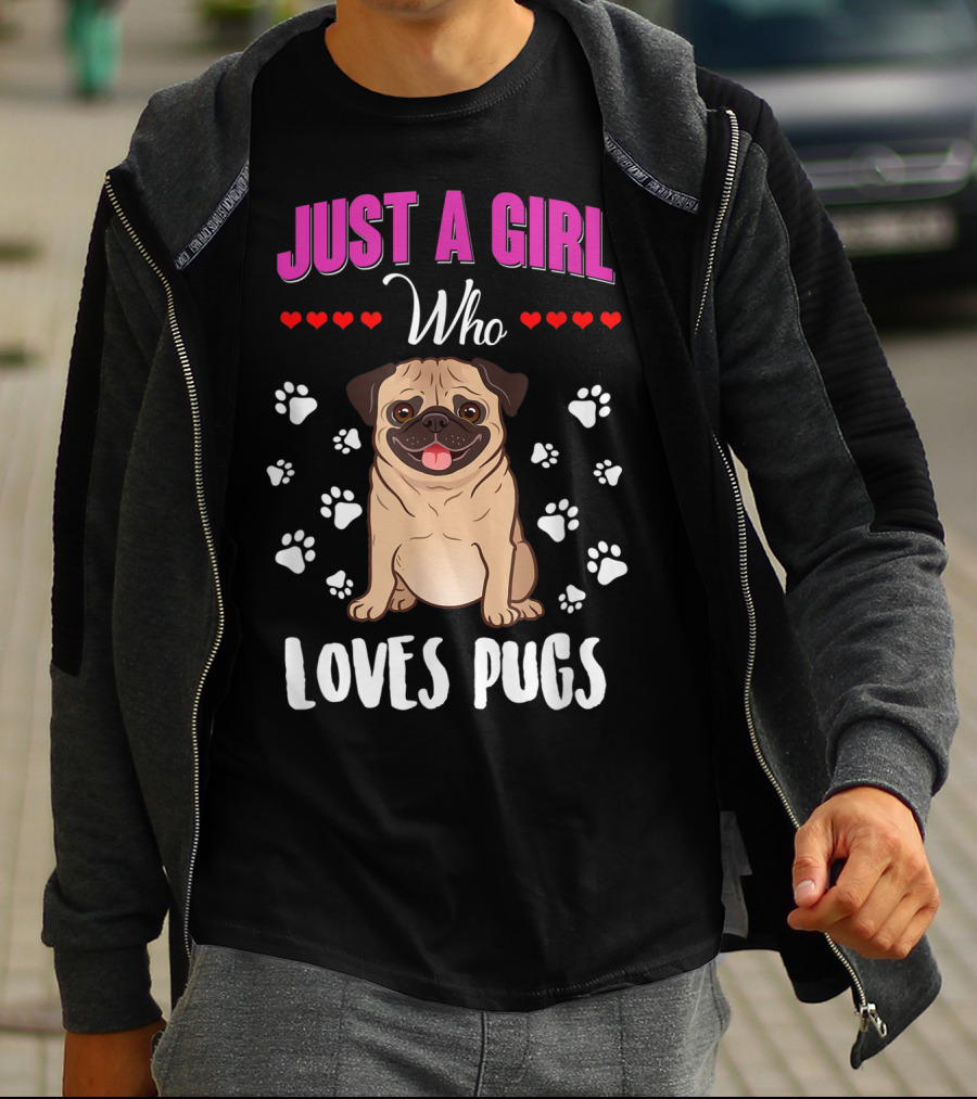 Just A Girl Who Loves Pugs With Paw Prints And Hearts T-Shirt