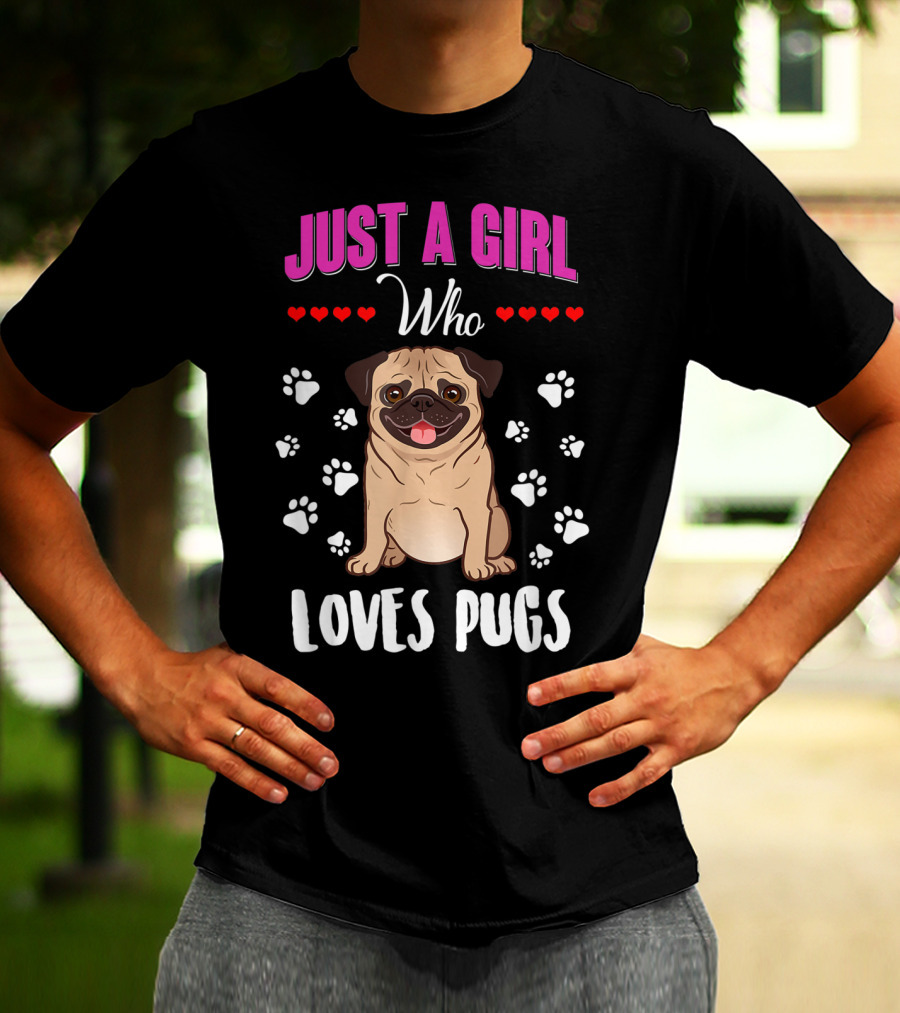 Just A Girl Who Loves Pugs With Paw Prints And Hearts T-Shirt