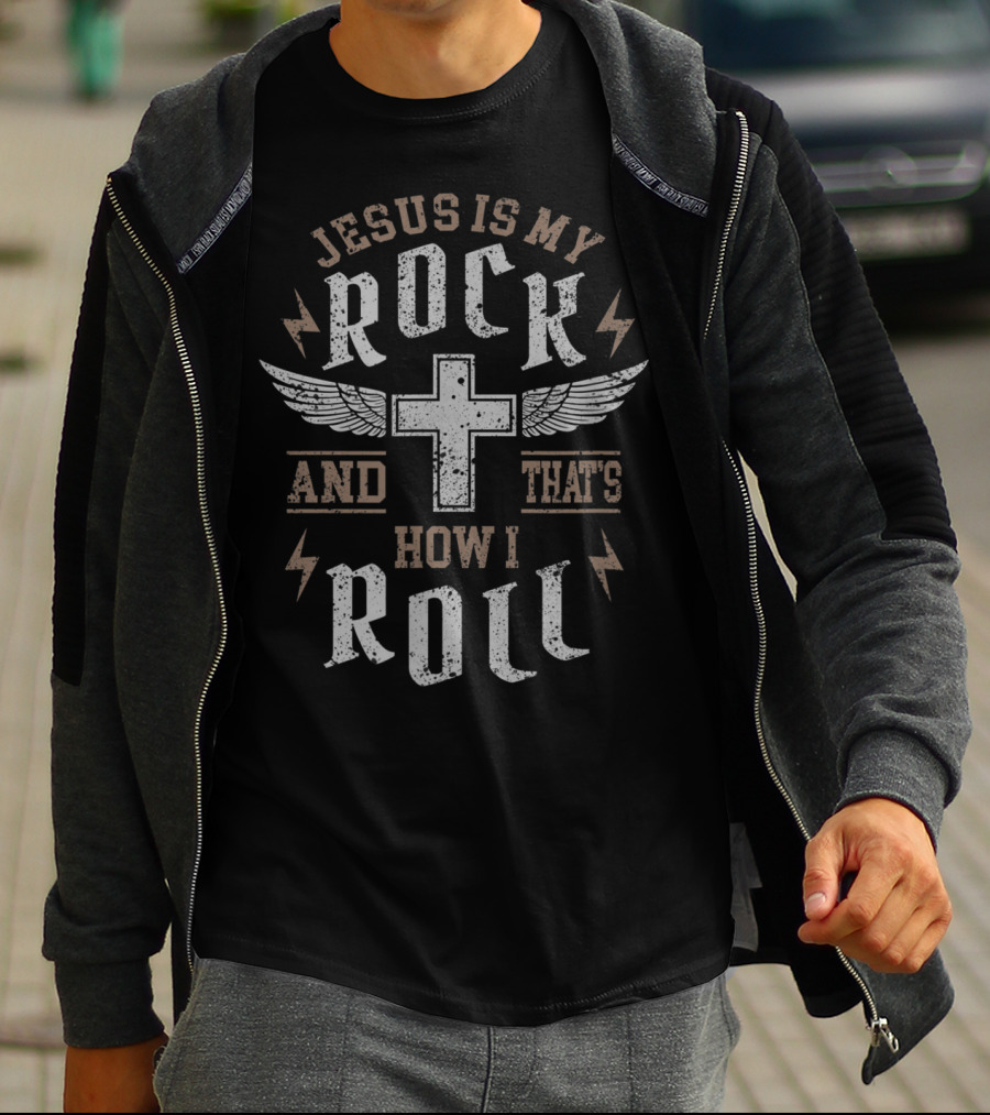 Jesus Is My Rock And That's How I Roll Cross Wings Lightning T-Shirt