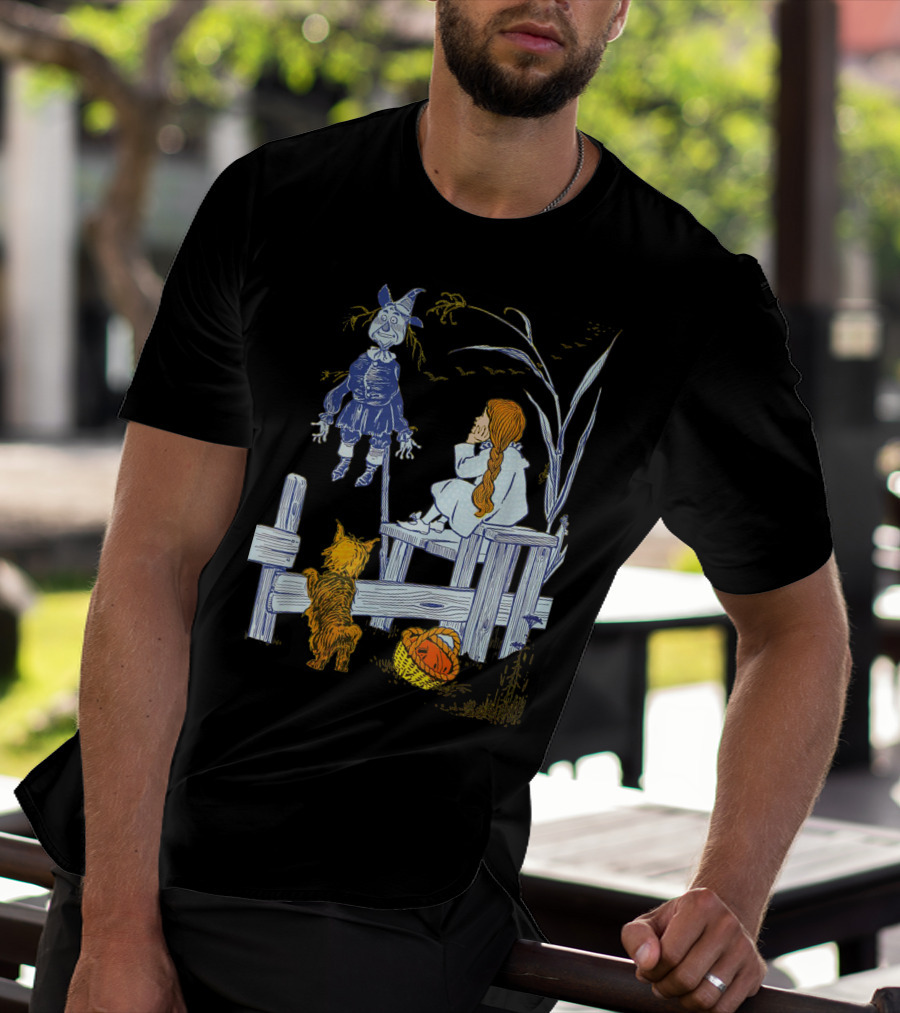 Land Of Oz Classic Scarecrow With Toto And Wizard Themes T-Shirt